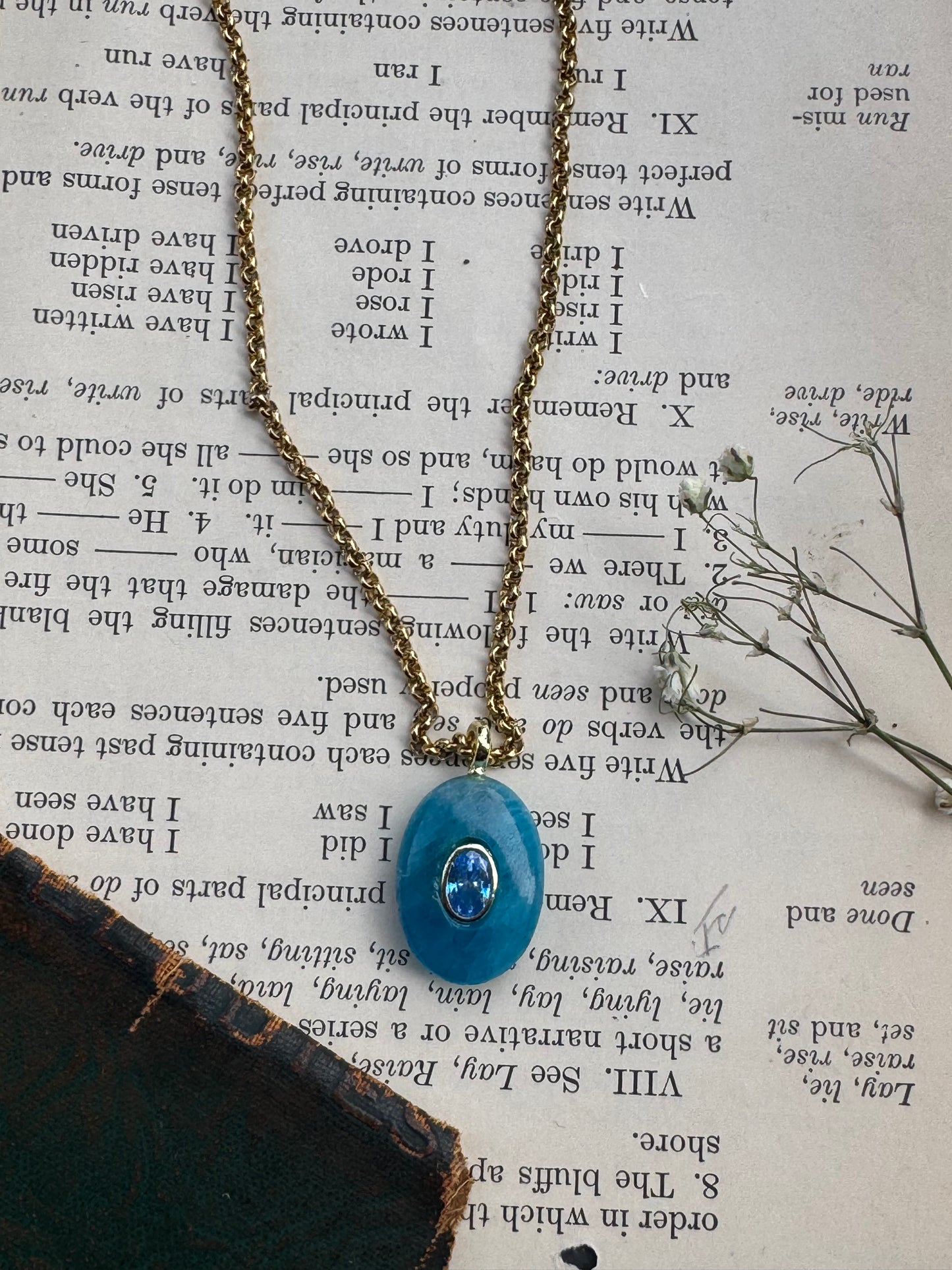 Apatite, blue crystal, gold metal, necklace