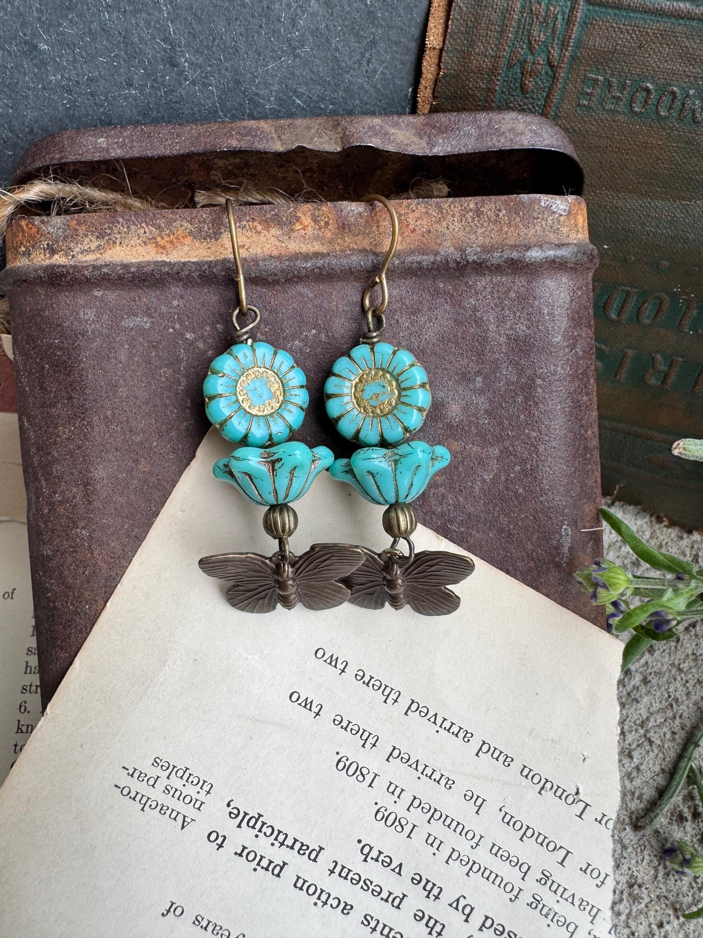 Butterfly Brass charm, turquoise Czech glass, earrings