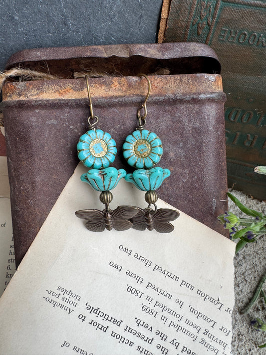 Butterfly Brass charm, turquoise Czech glass, earrings