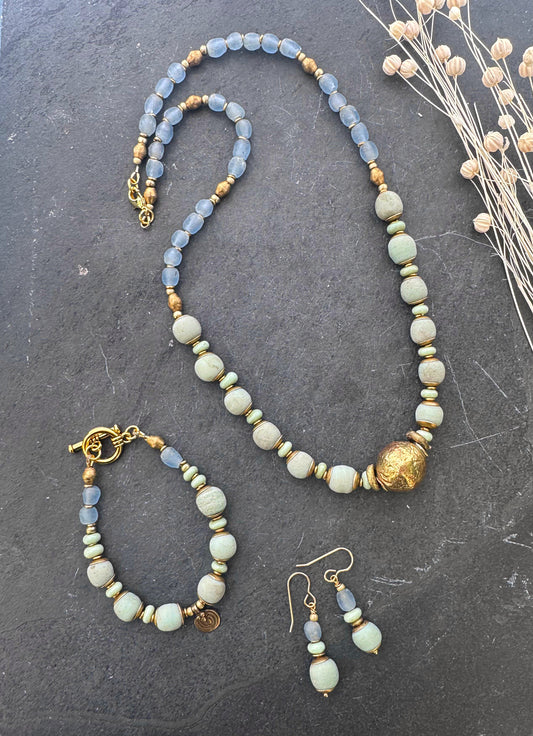 Green African java glass, brass metal, jewelry set. Necklace, earrings, bracelet