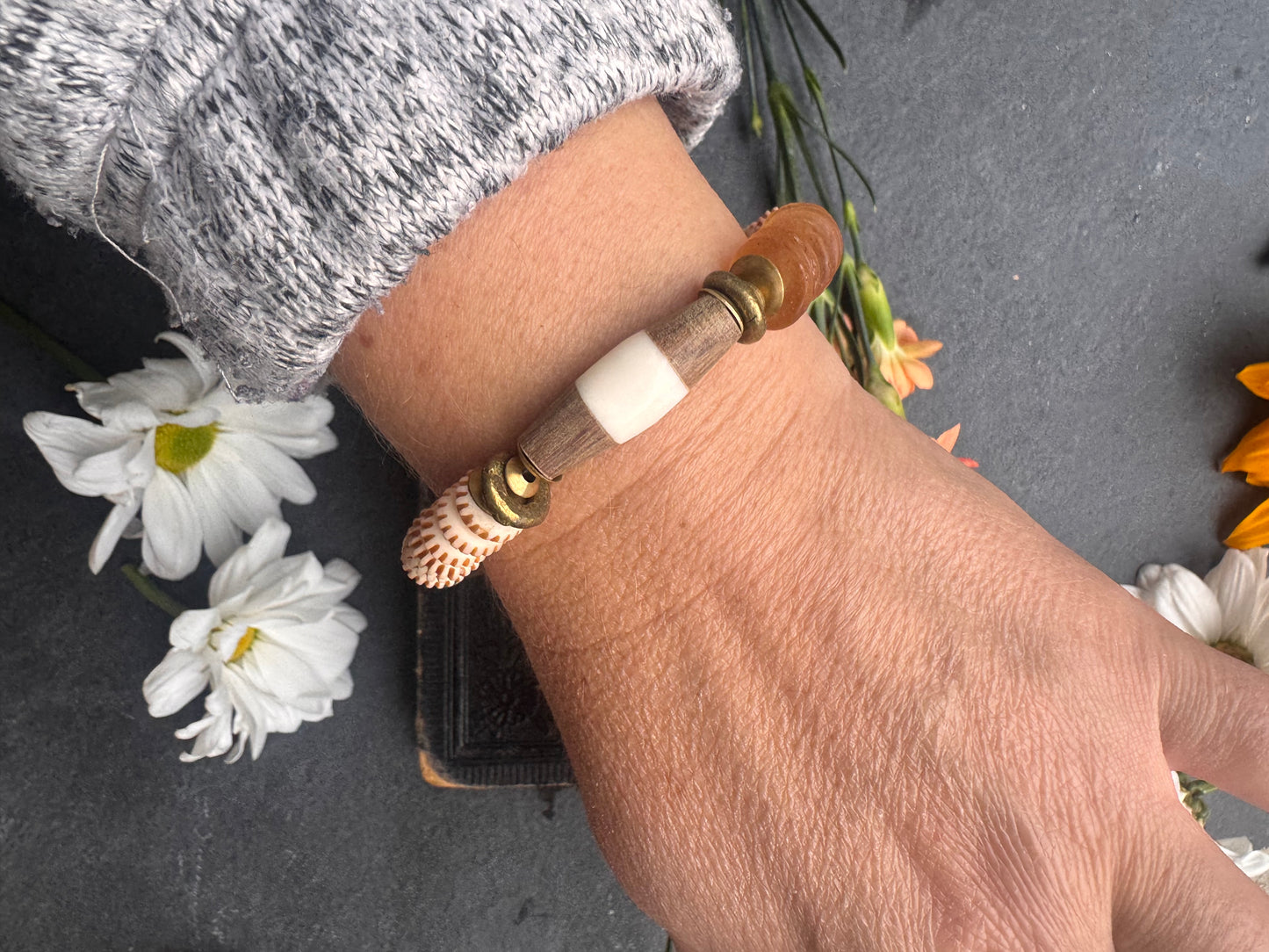 African glass, wood, bone and brass metal, bracelet