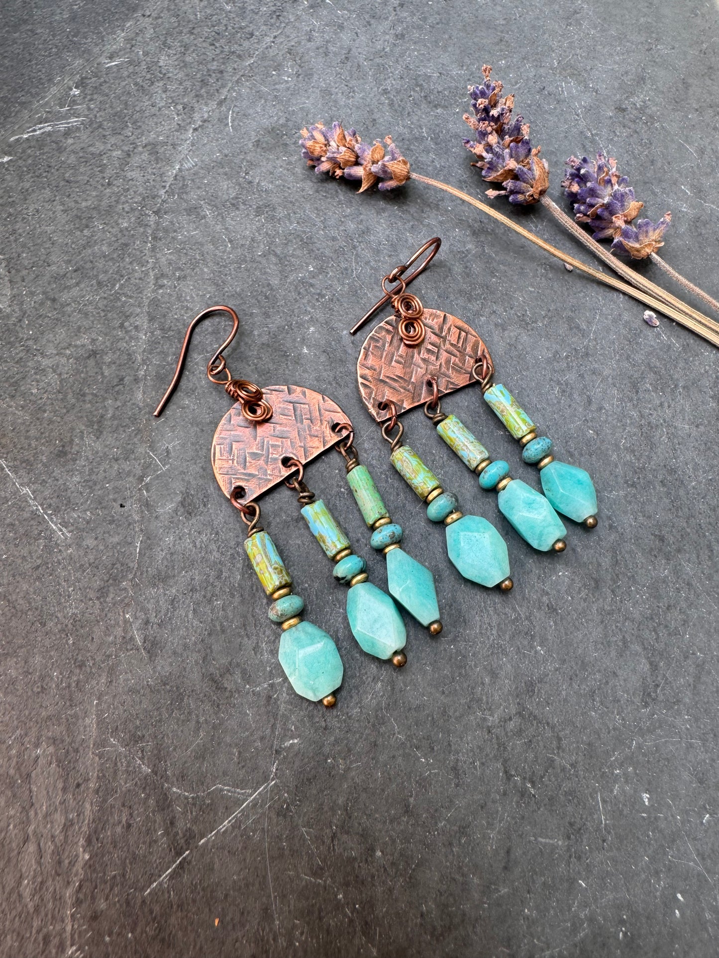 Amazonite stone, Czech glass, copper metal, earrings