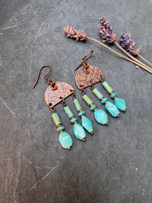 Amazonite stone, Czech glass, copper metal, earrings