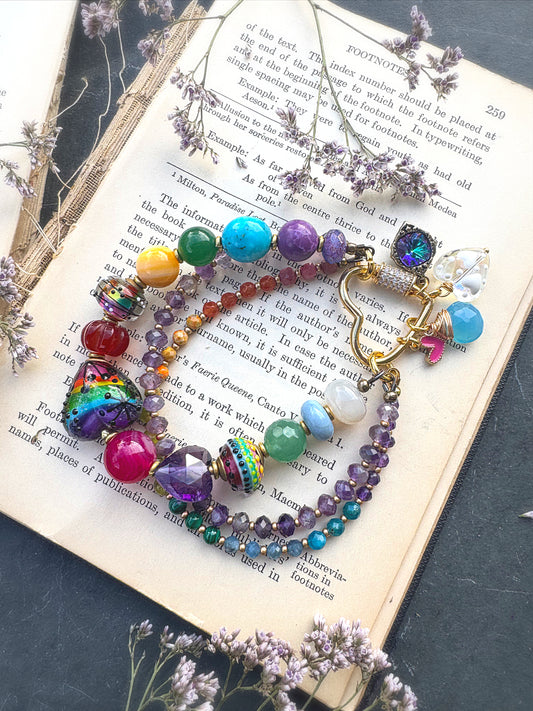 Rainbow. Mixed gemstone, lampwork glass, rhinestone clasp.