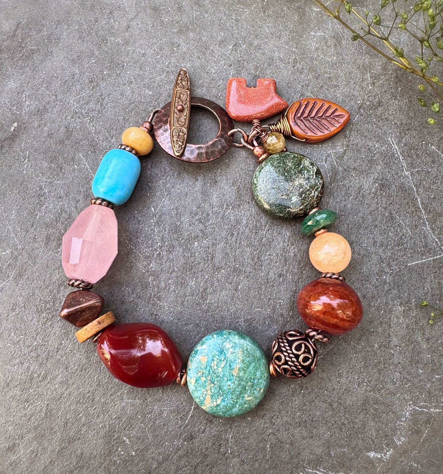 Turquoise, carnelian, agate, emerald, rose, quartz, mixed stone, copper bracelet