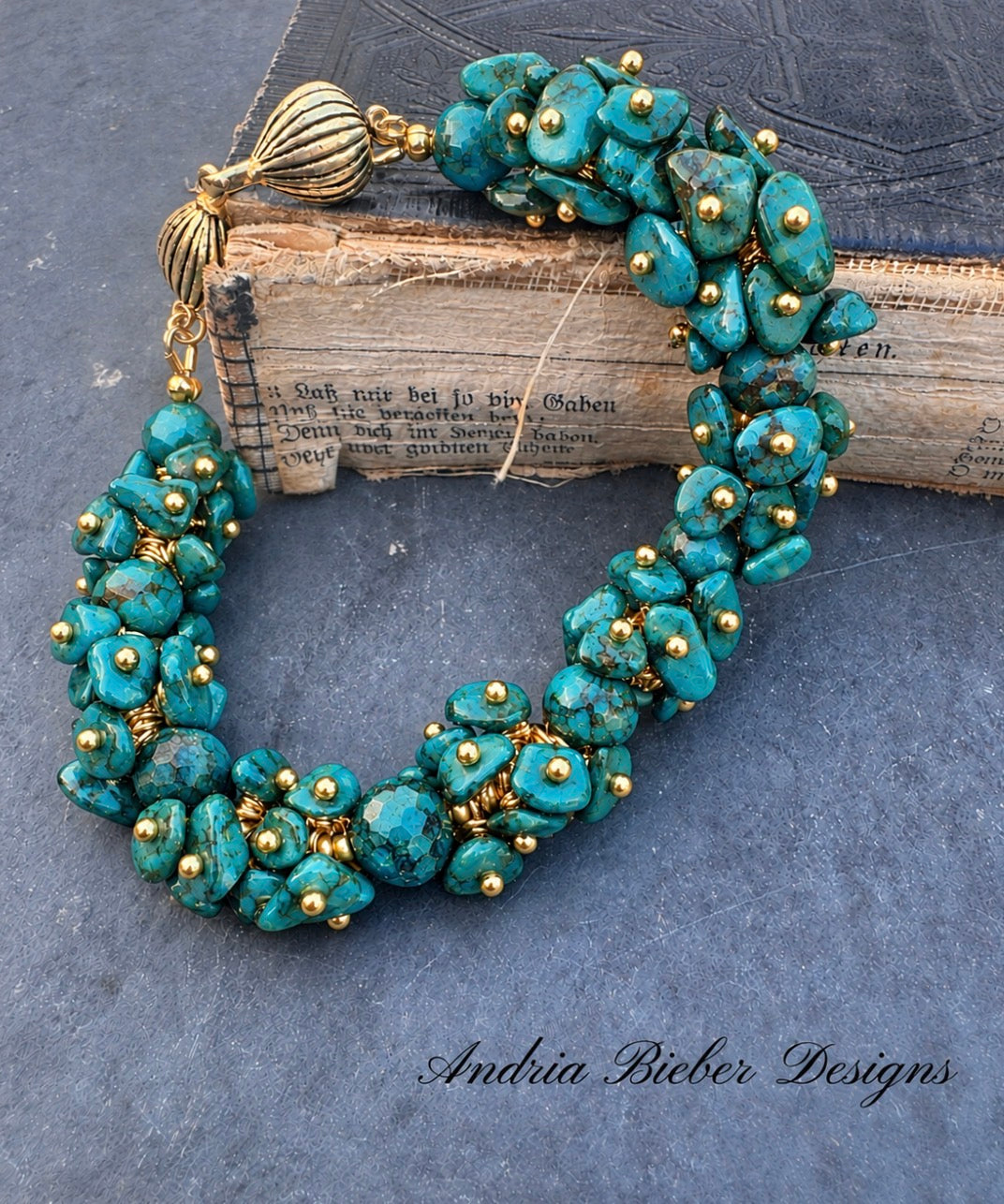 Turquoise chip stone, wire wrapped, gold metal, bracelet
