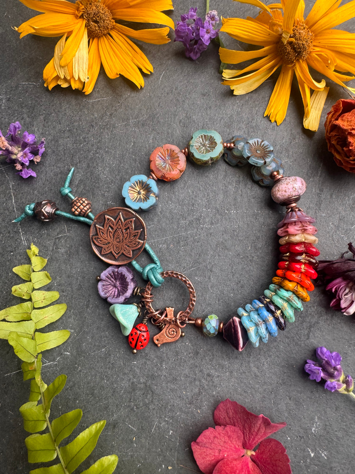 Lotus flower. Czech glass, handmade lampwork glass, ceramic, handmade lotus flower copper button, bracelet.