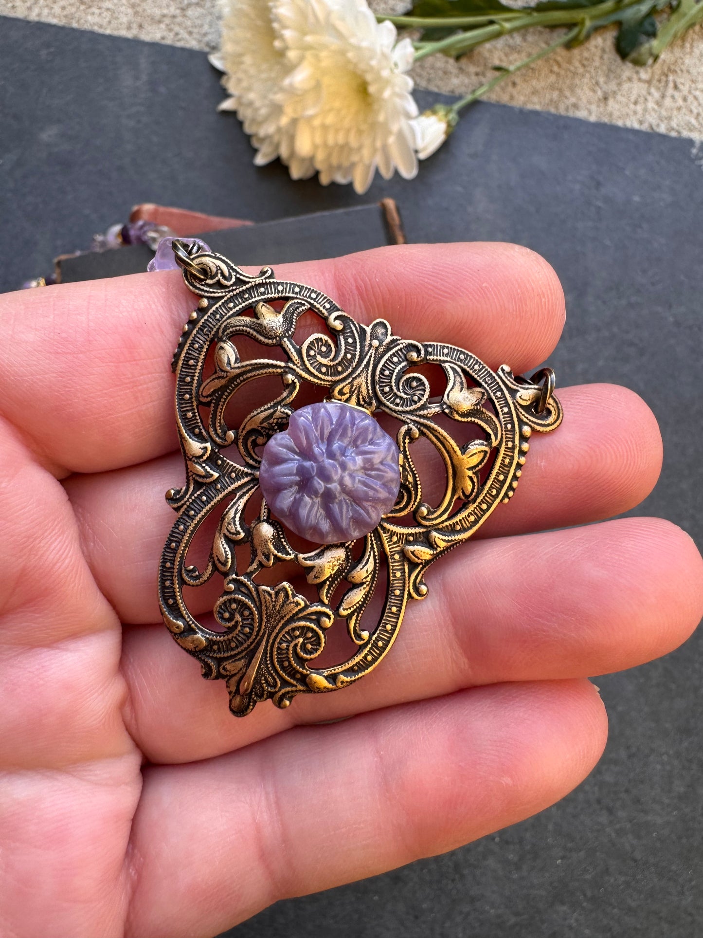 Amethyst stone, Ametrine stone, Czech glass, Vintaj brass metal, necklace