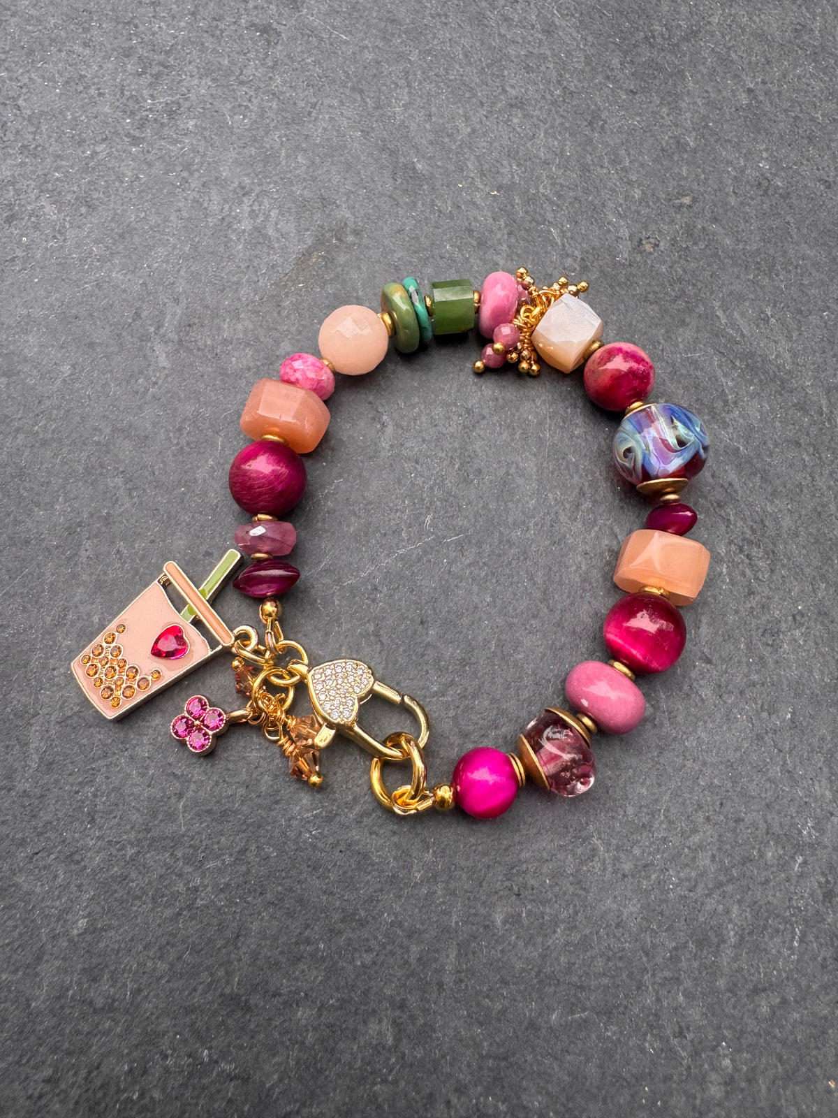 Handmade lampwork, pink tiger eye, peach moonstone, pink moonstone, turquoise, jade, pink opal, Rhinestone heart clasp. Cofee heart charm.
