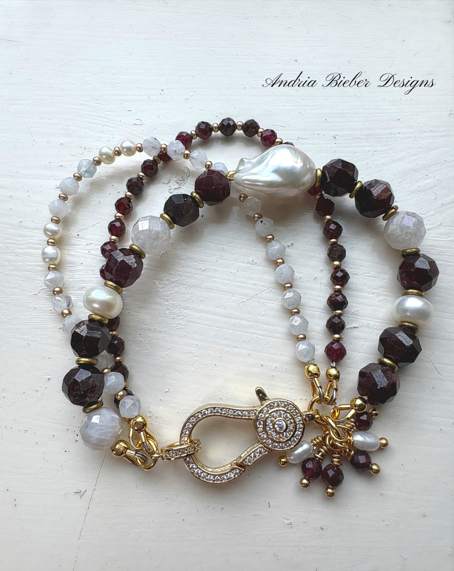 Baroque pearl, pearls, gold metal, garnet, moonstone, rhinestone,bracelet
