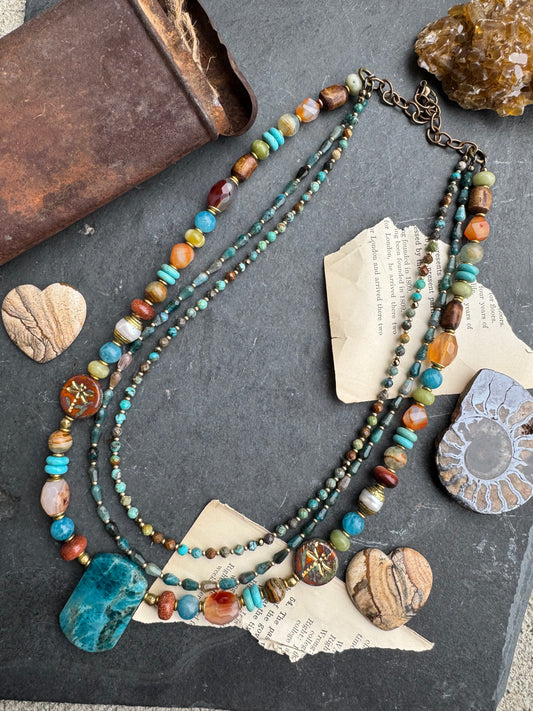 Apatite, Carnelian agate, Sunstone, turquoise, olivine, Aquatine Lemurian Blue Calcite, Czech glass, pearls, hematite, wood, African brass, necklace, jewelry