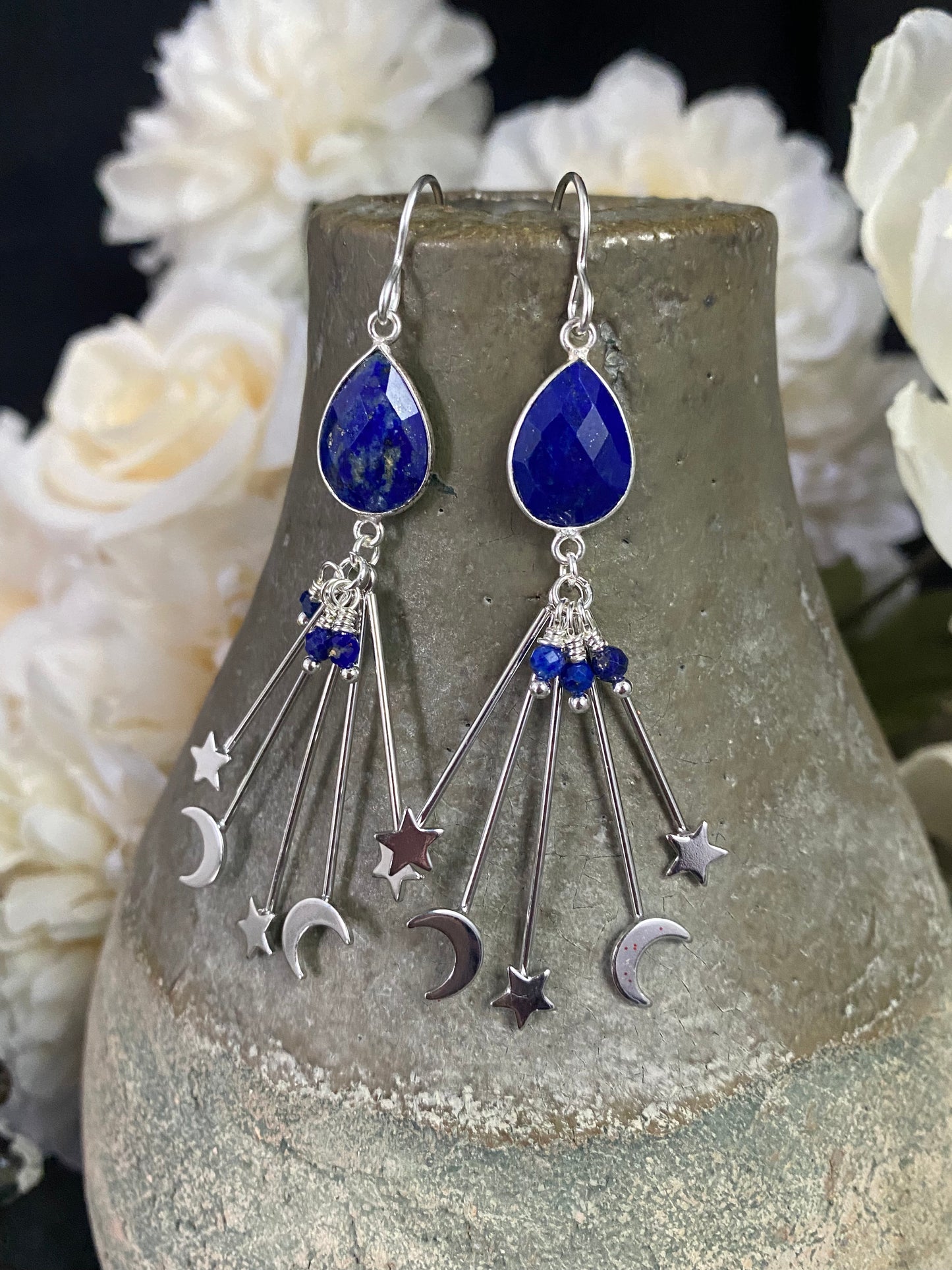 Lapis lazuli stone, moon and stars charms, silver metal, earrings, jewelry