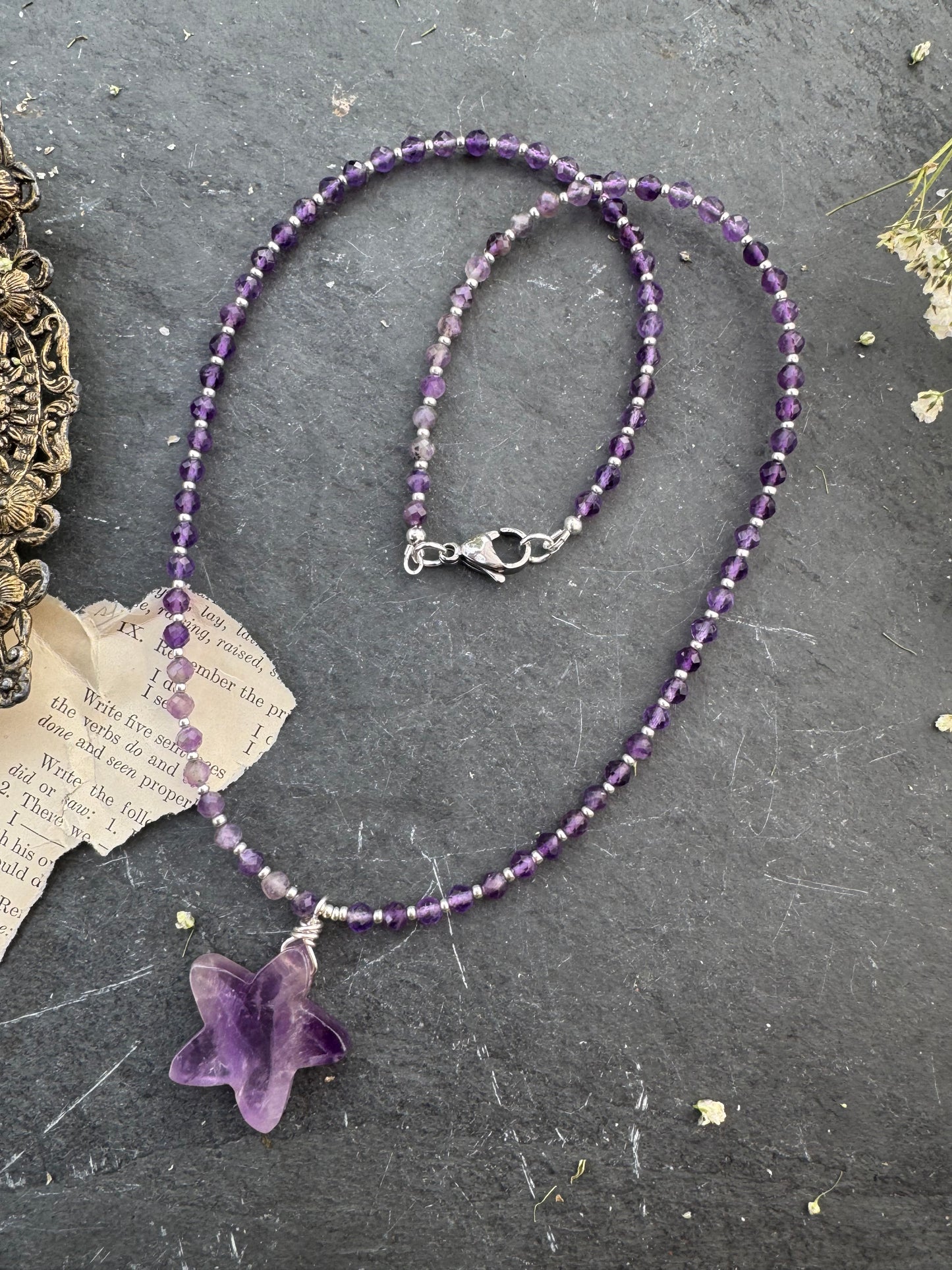 Amethyst stone star pendant, amethyst stone, silver necklace