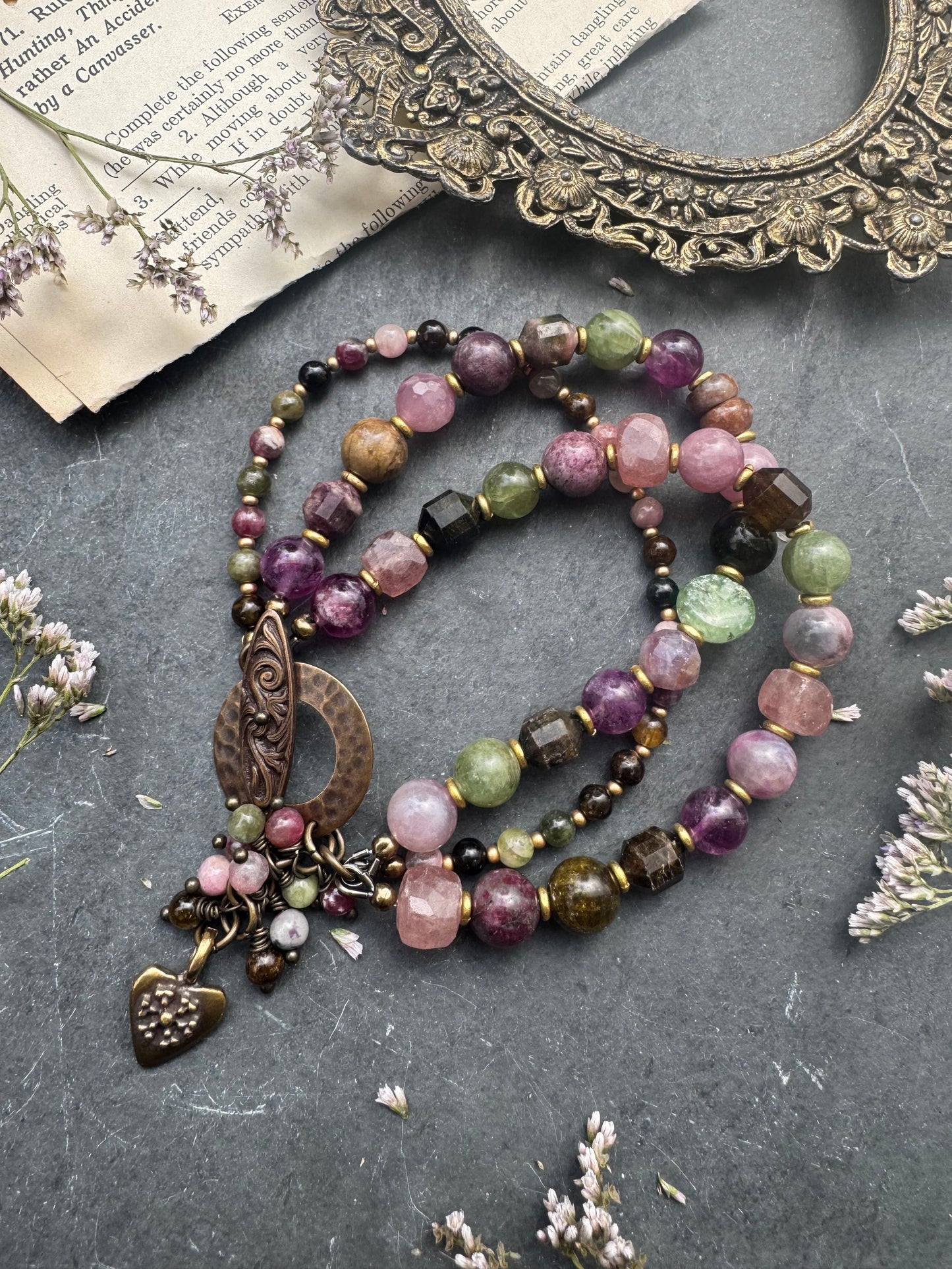 Watermelon tourmaline, green kyanite, green apatite, purple fluorite, Madagascar rose quartz, strawberry quartz, gold metal, bracelet