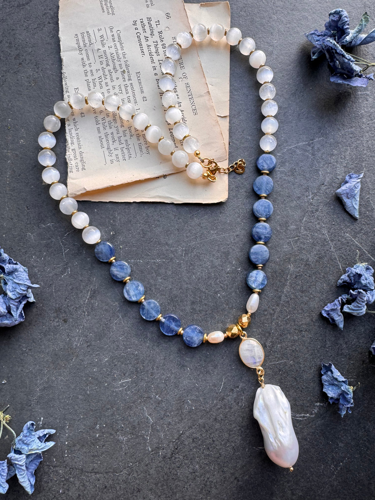 Selenite stone, moonstone, kyanite stone, freshwater pearl, gold metal, necklace