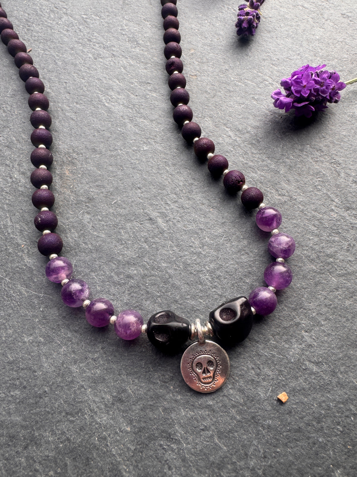 Amethyst stone, druzy stone, back skull, silver metal, Halloween, necklace