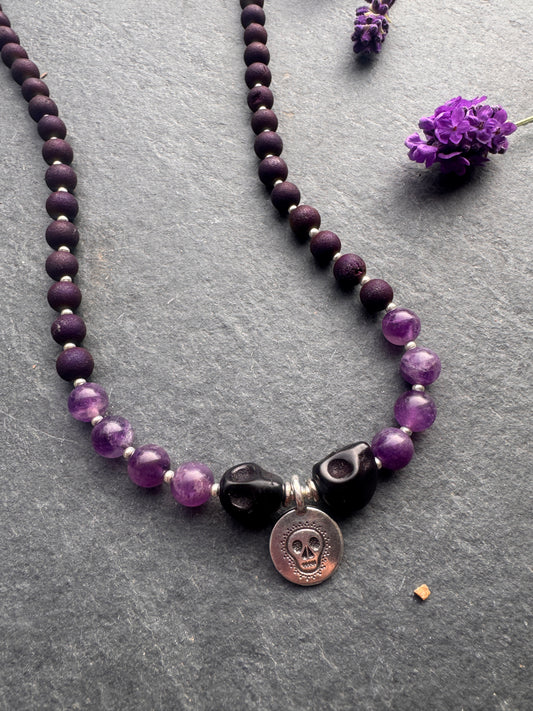 Amethyst stone, druzy stone, back skull, silver metal, Halloween, necklace