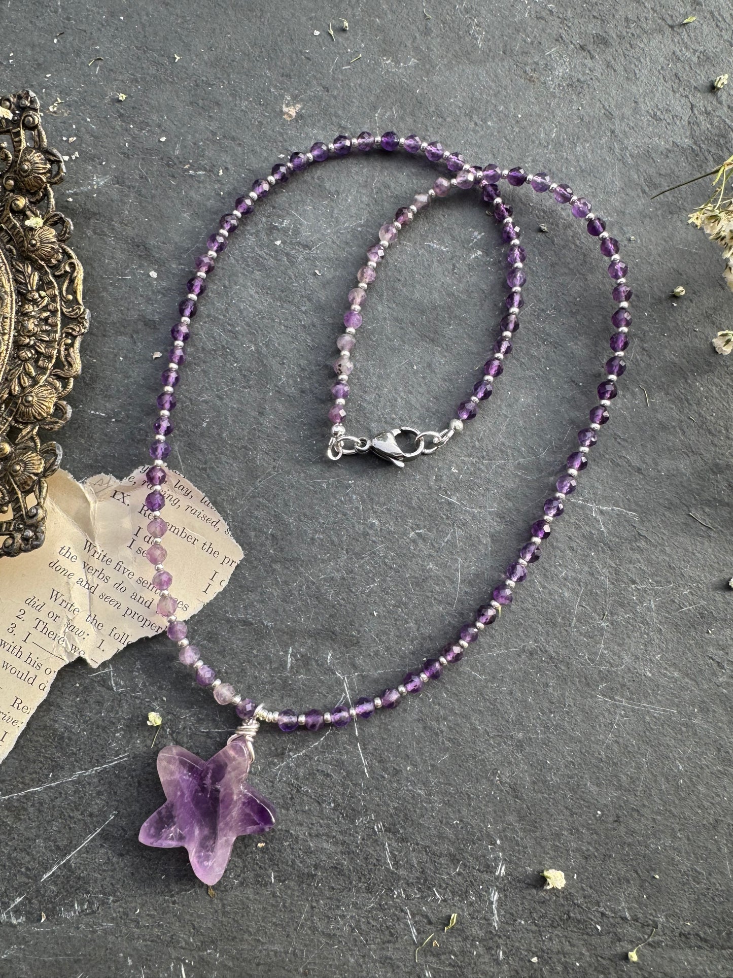 Amethyst stone star pendant, amethyst stone, silver necklace
