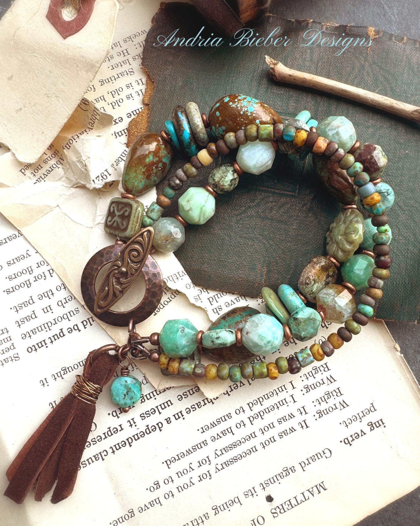 Turquoise, Amazonite, Chrysoprase stone, Czech glass, copper, leather, bracelet