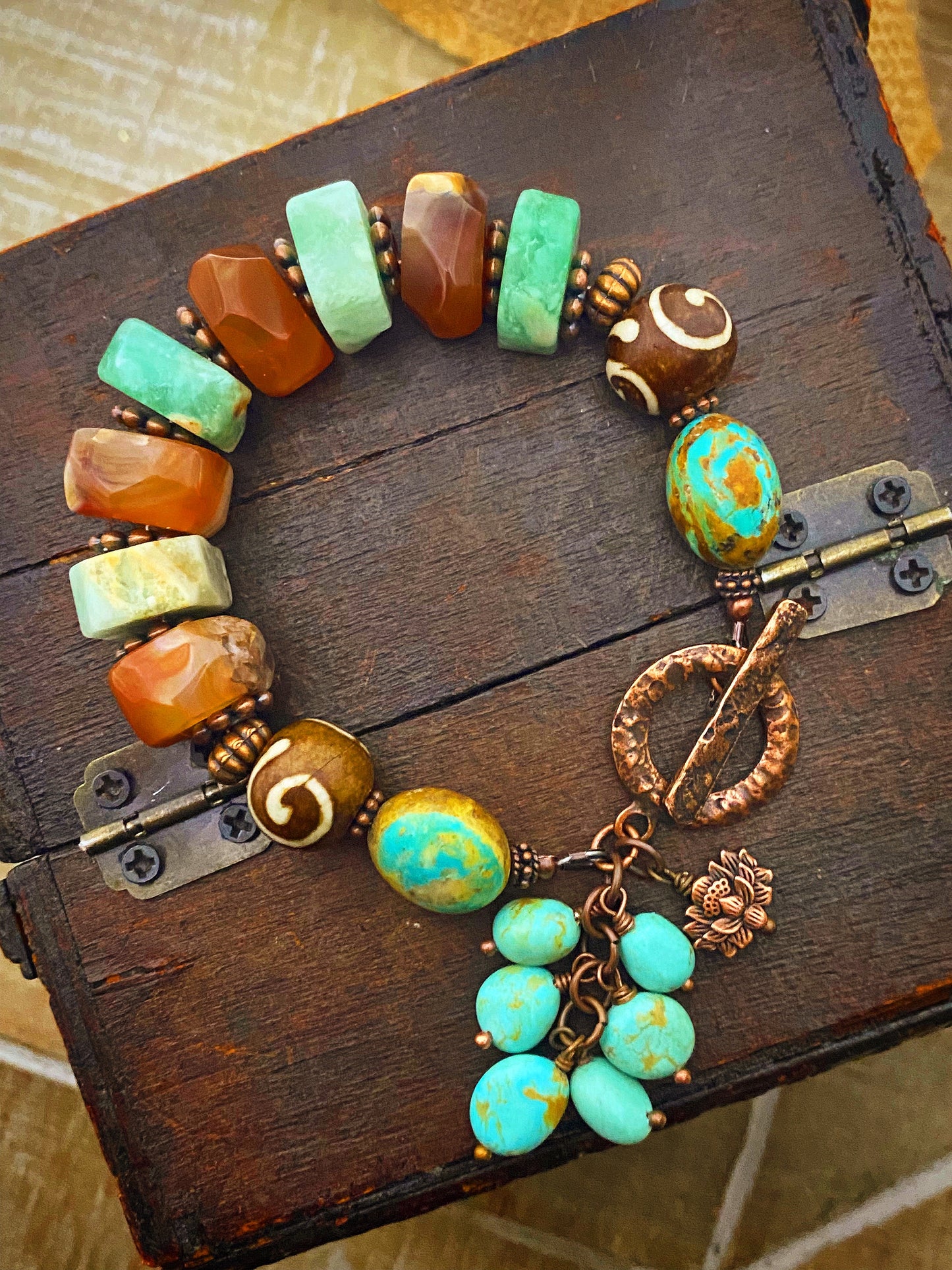 Genuine turquoise stone, Chrysophase stones, carnelian agate stones, African wood beads, copper metal, bracelet