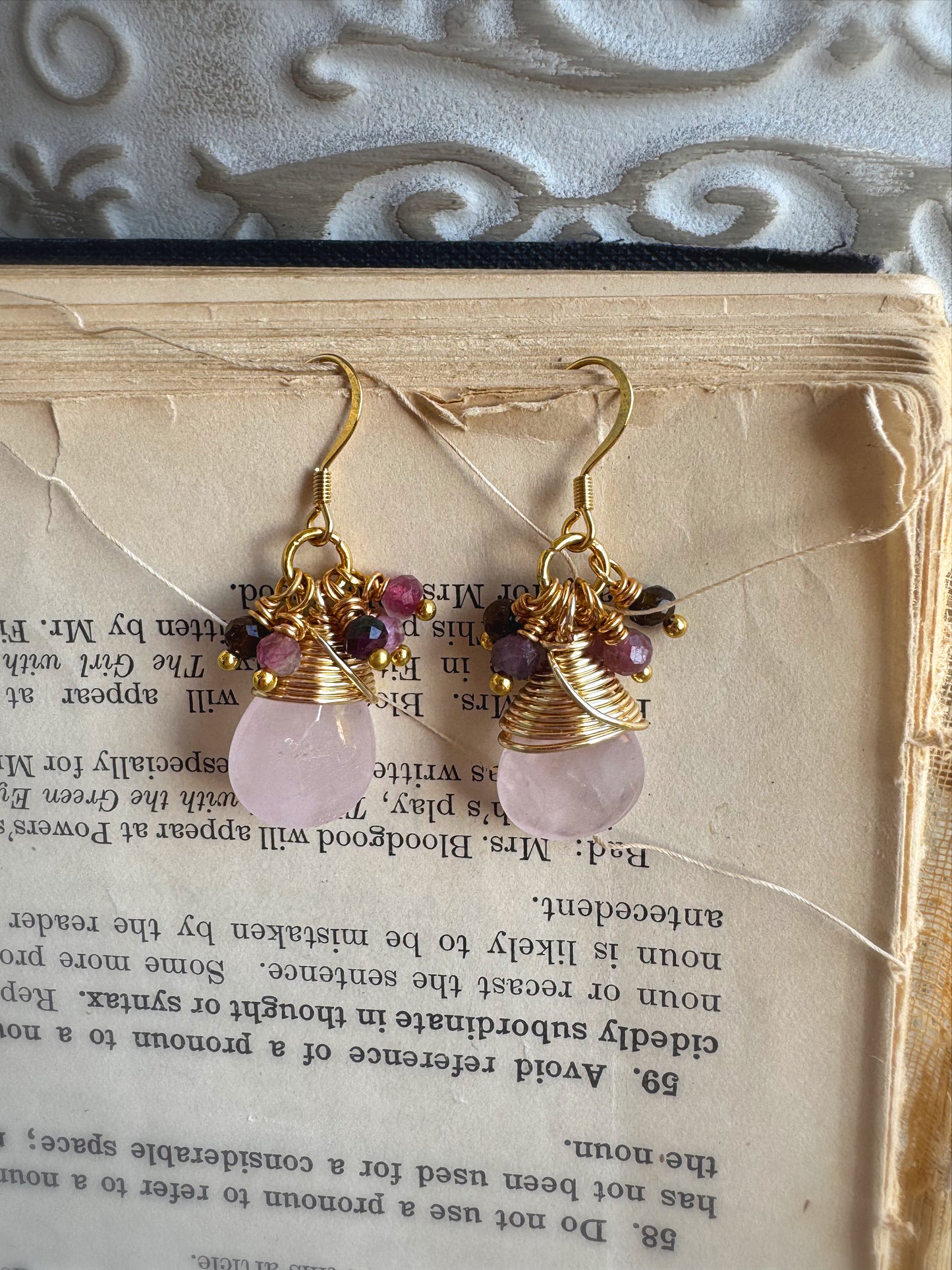 rose quartz, watermelon tourmaline, gold metal, earrings