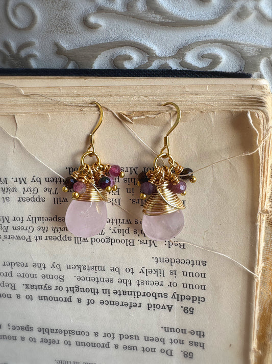 rose quartz, watermelon tourmaline, gold metal, earrings