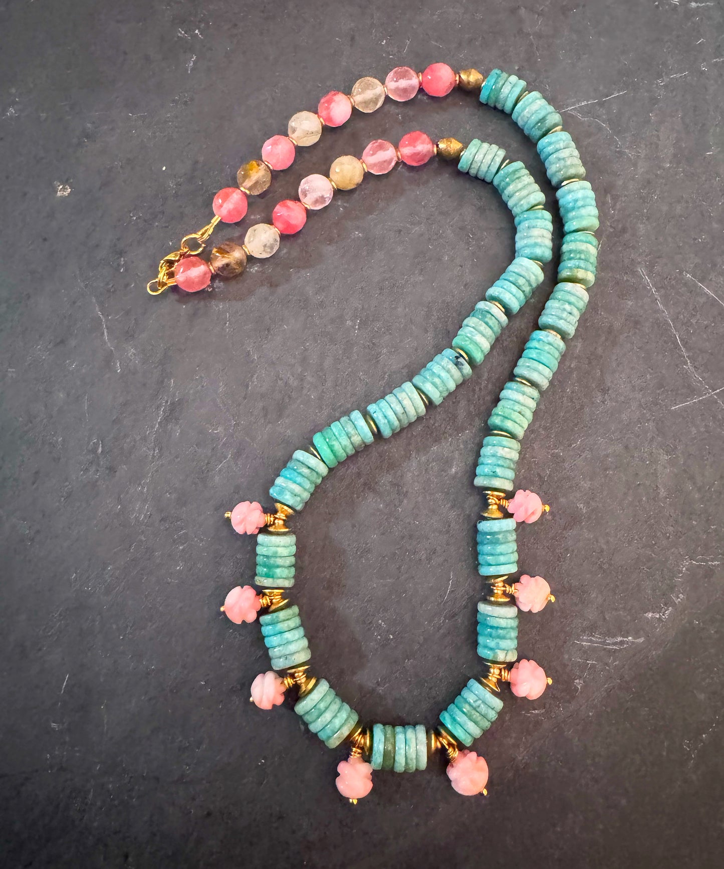 Natural Sea Blue Peruvian Amazonite stone, pink opal carved flowers, agate, brass metal, Necklace (vintage beads)