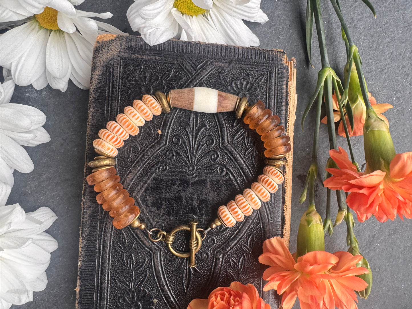 African glass, wood, bone and brass metal, bracelet