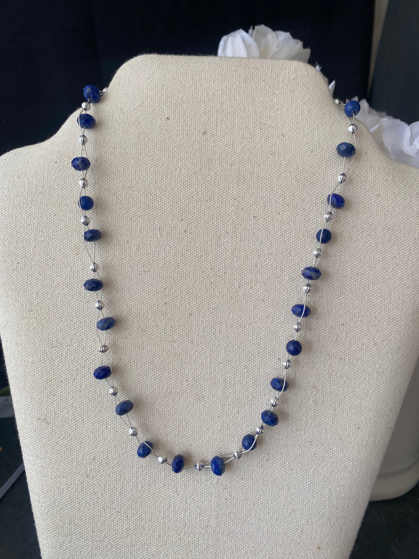 Lapis lazuli stone, sterling silver wire, floating necklace, jewelry