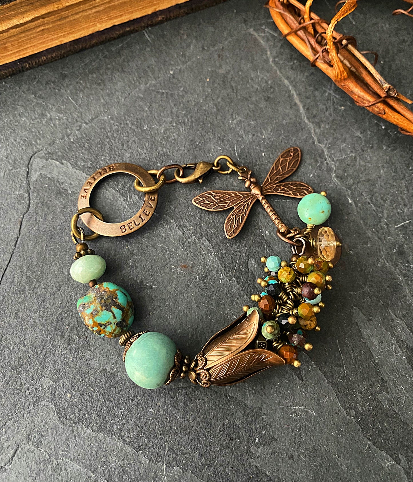 Turquoise, dragonfly, amazonite, ceramic, bronze metal, bracelet, jewelry