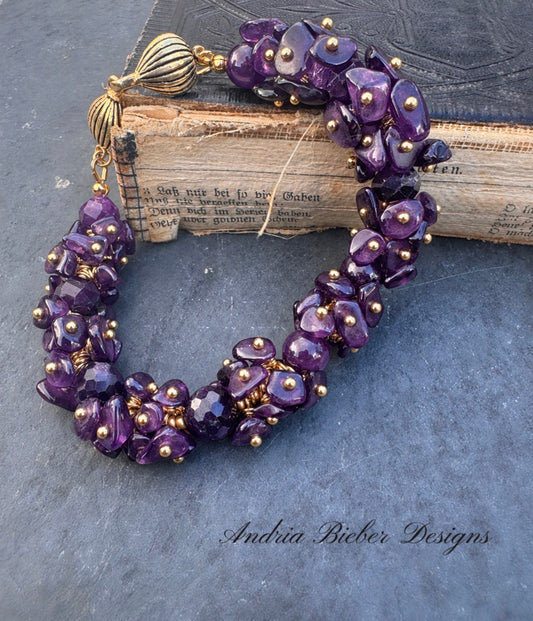 Amethyst chip stone, wire wrapped,  gold, bracelet