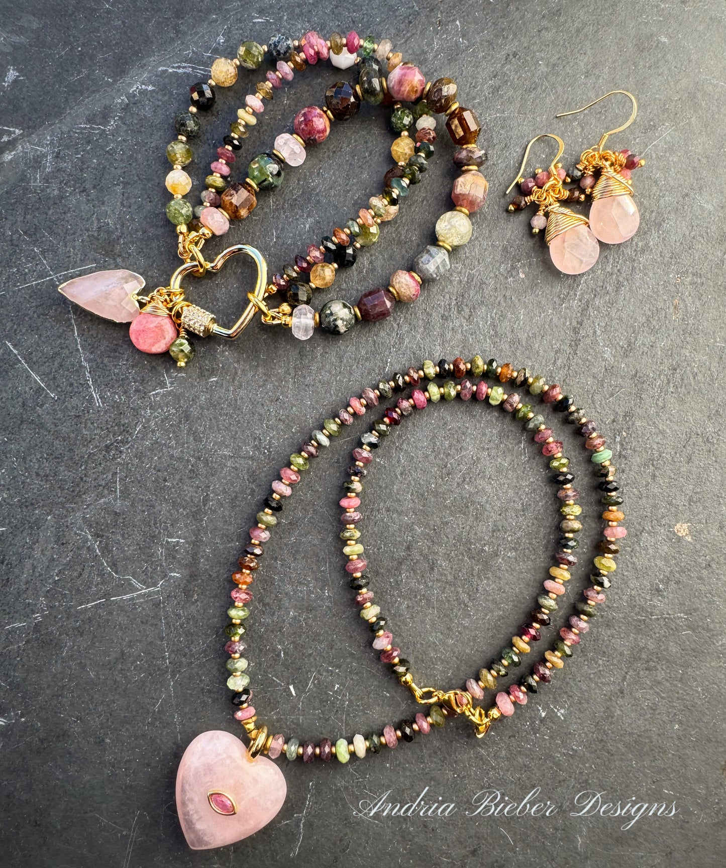Watermelon tourmaline stone, Heart rose quartz pendant, gold metal, necklace