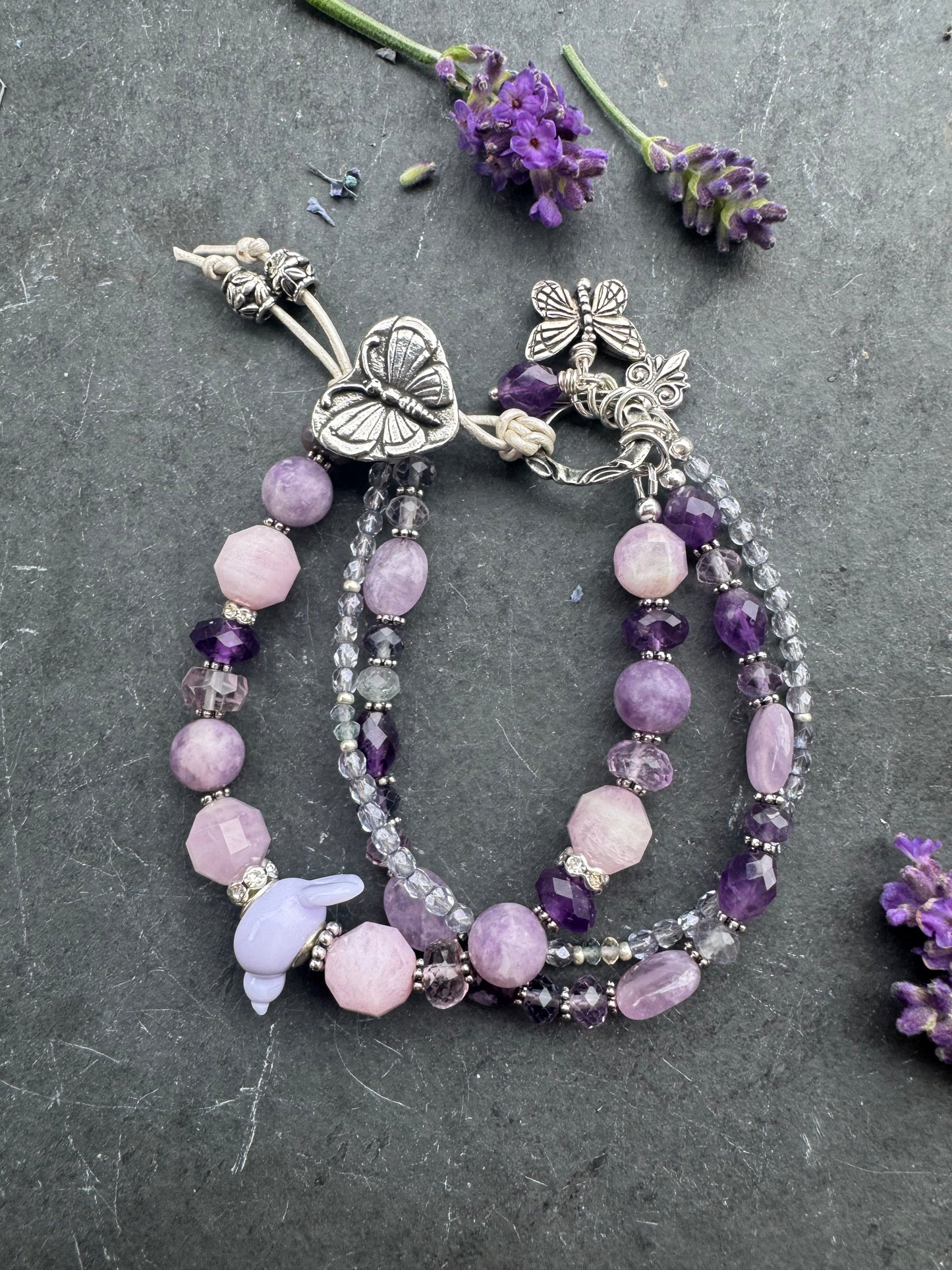 Amethyst stone, fluorite, kunzite, lampwork glass bird, fire polish, Butterfly button, silver metal, bracelet