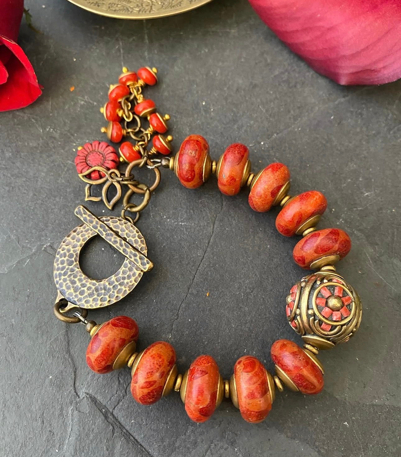 Indonesian glass, red sponge coral, Nepal bead, brass, bracelet MTO