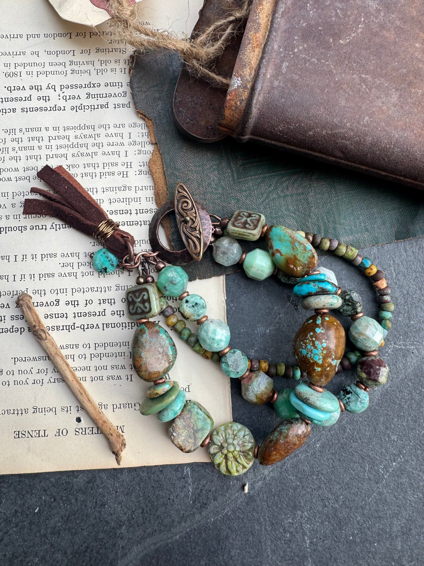 Turquoise, Amazonite, Chrysoprase stone, Czech glass, copper, leather, bracelet