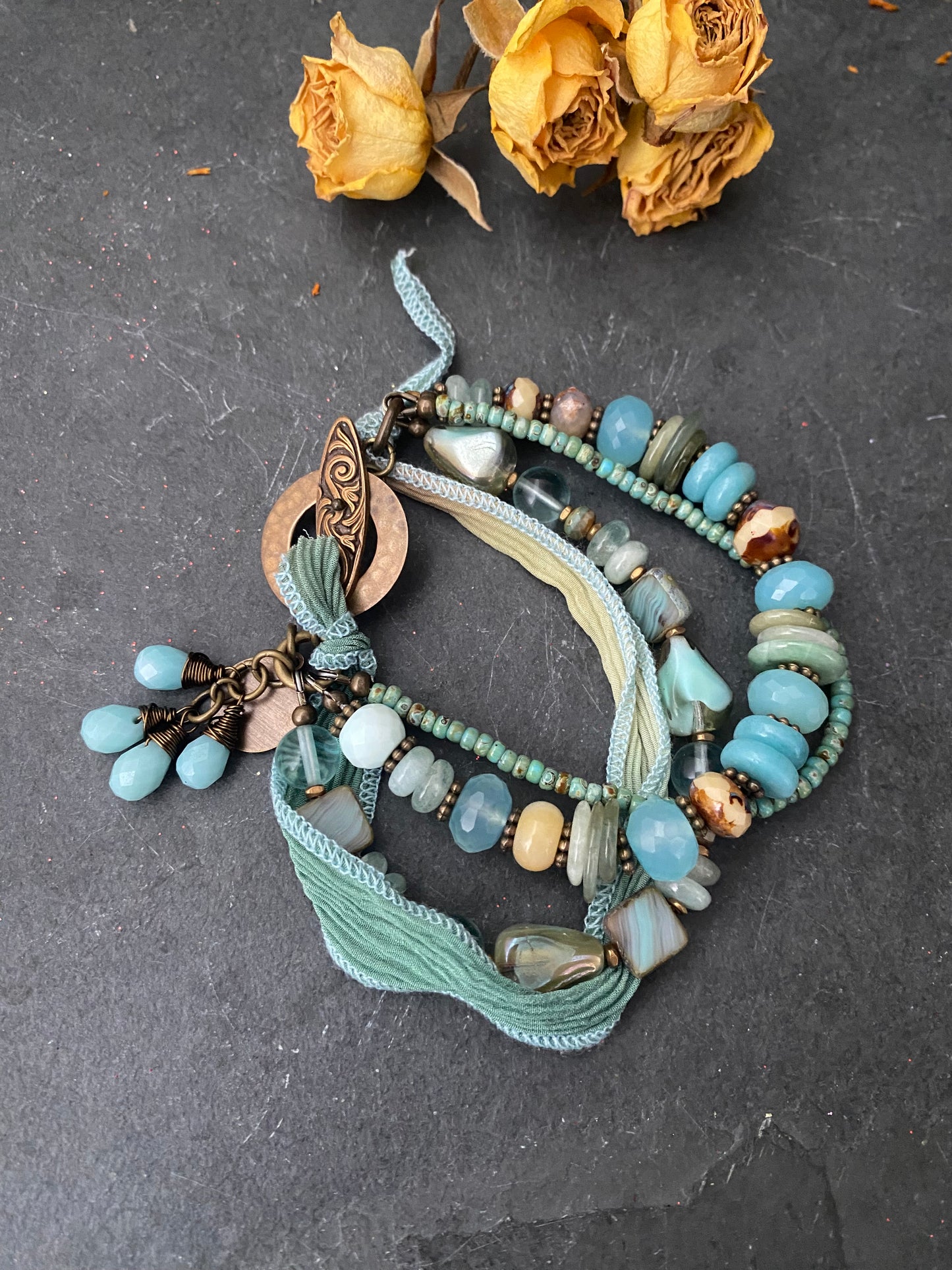 Aquamarine, Czech glass, ribbon, bronze metal, bracelet, jewelry