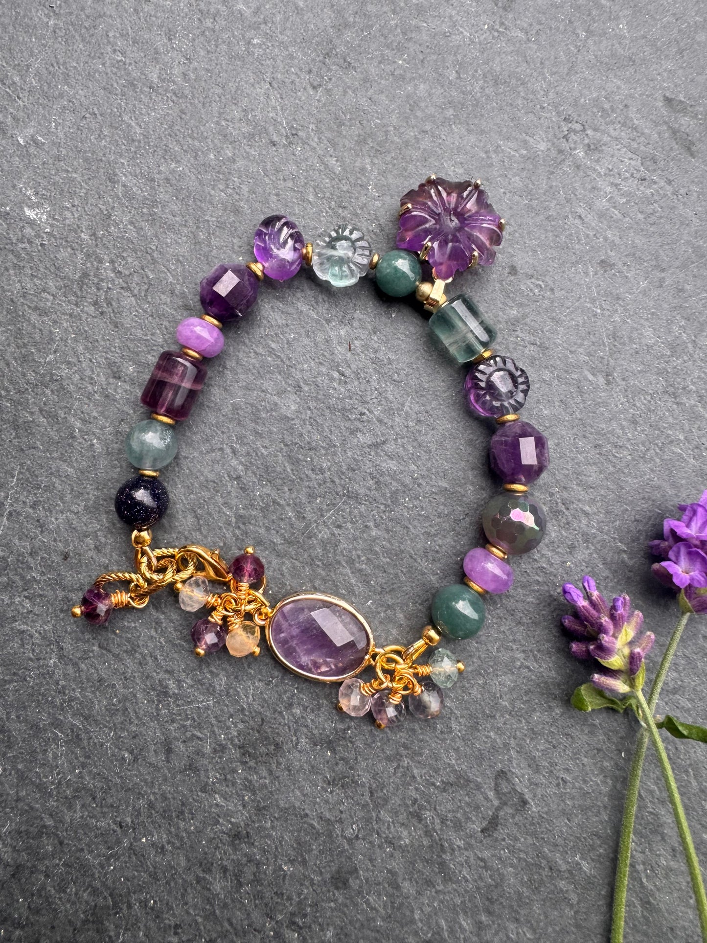 Fluorite, amethyst, jade and gold metal bracelet.