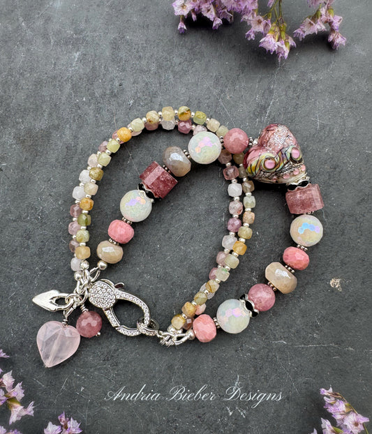 Heart handmade lampwork glass, moonstone, strawberry, quartz, rhodochrosite, green jade, rose quartz, rhinestone clasp