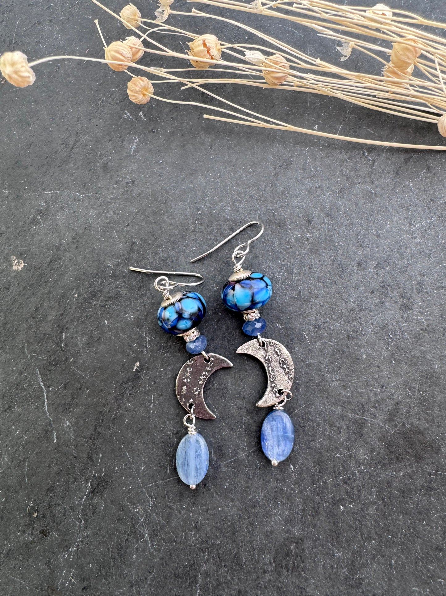 Handmade lampwork glass, kyanite, pewter silver moon and flower charm, earrings