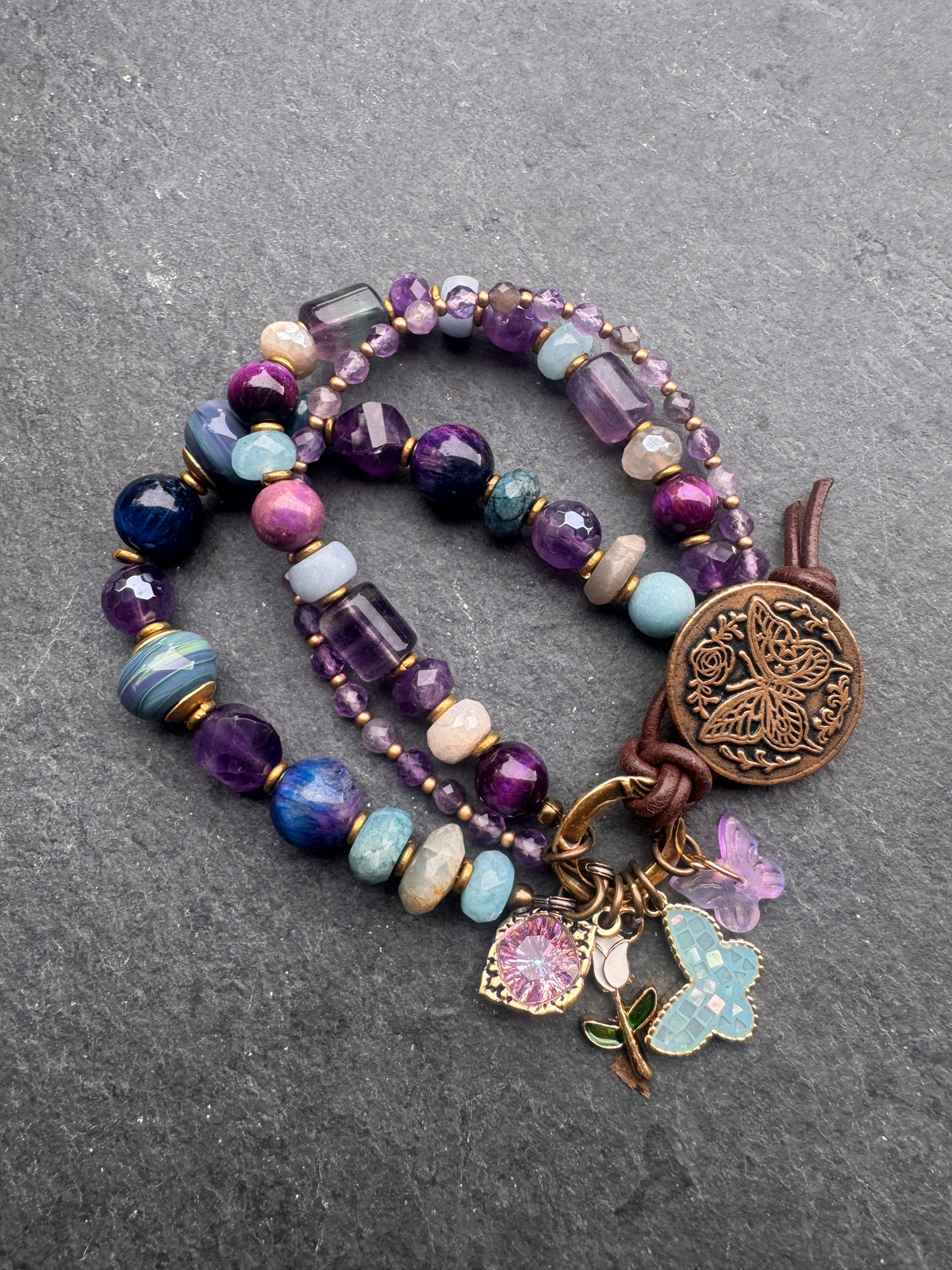 handmade lampwork glass, labradorite, fluorite, tigers eye, amethyst, aquamarine, moonstone, apatite, and  handmade butterfly button clasp.