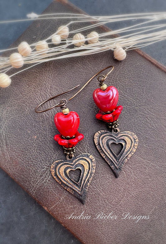Heart bronze metal charms, glass beads and brass metal, earrings