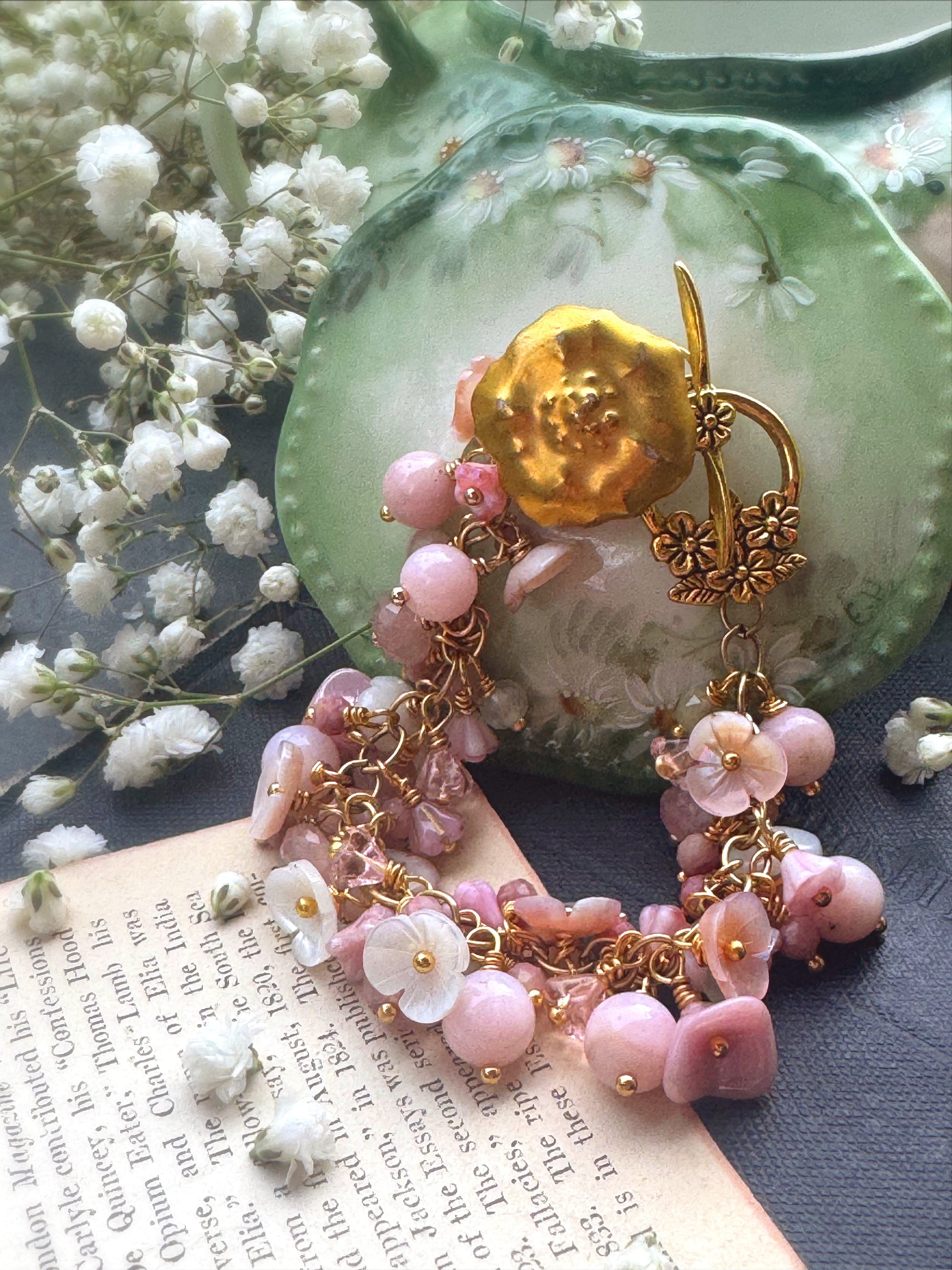 Pink opal, pink shell blossoms, rose quartz, peridot, gold metal