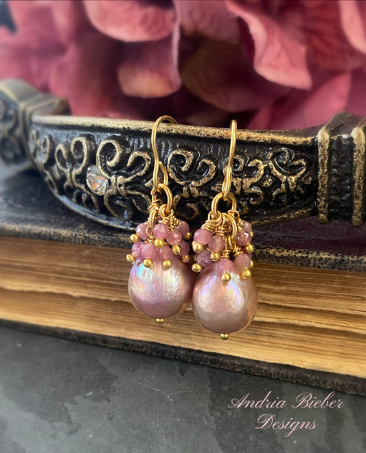 Pink baroque pearls and pink tourmaline stone earrings. MTO.