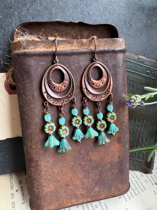 Floral copper detailed charms, Czech glass, copper earrings