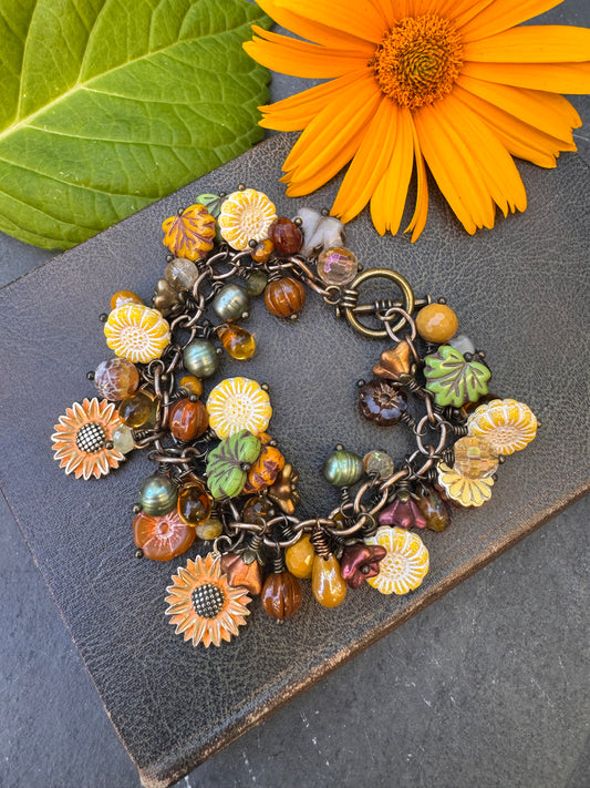 Sunflower and Autumn. Mixed stone, Czech glass, charms,  bracelet, KIT