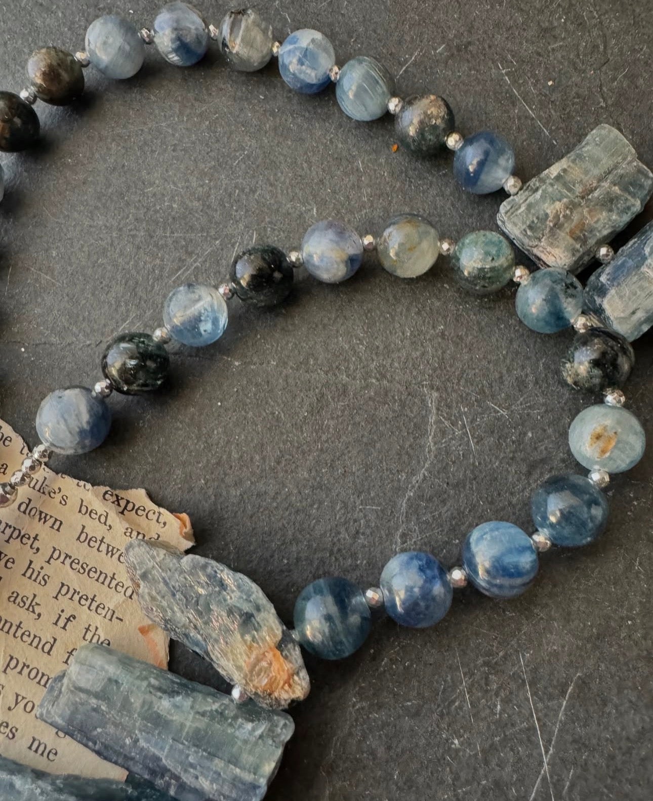 Kyanite gemstone, silver metal, necklace, jewelry