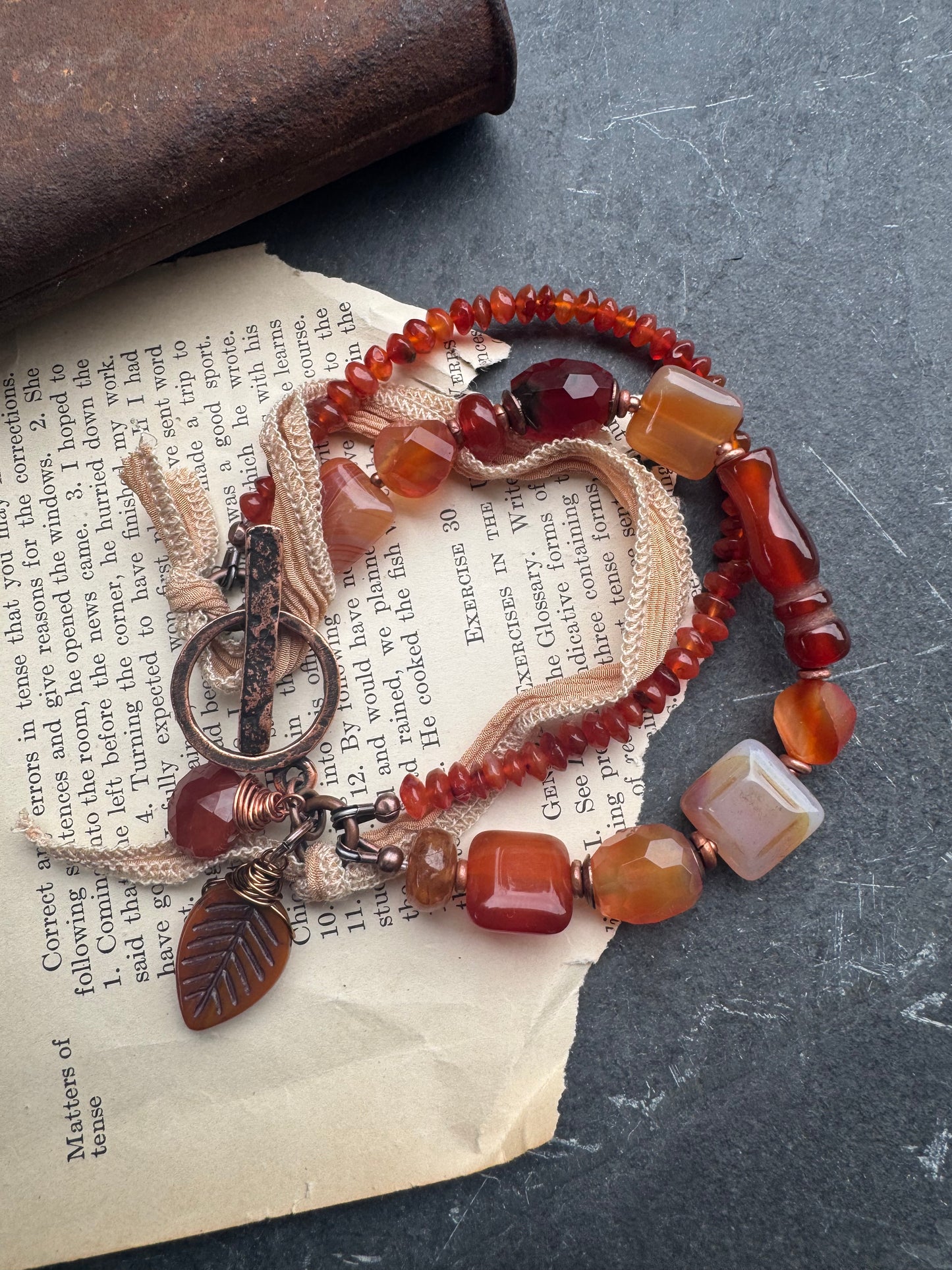 carnelian agate, silk ribbon, copper, bracelet