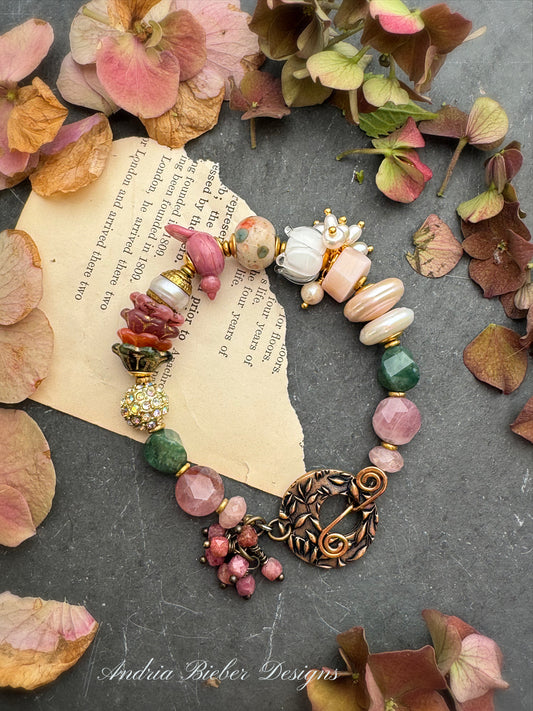 Mixed gemstone, pearl, handmade lampwork glass, handmade art clasp, bracelet