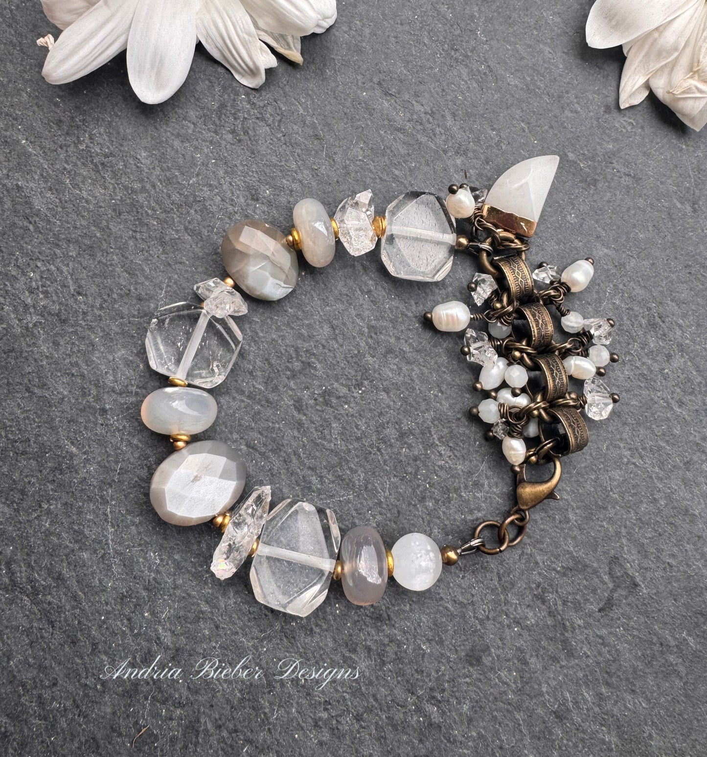 Moonstone, Herkimer diamond, clear quartz, selenite, bronze metal, bracelet