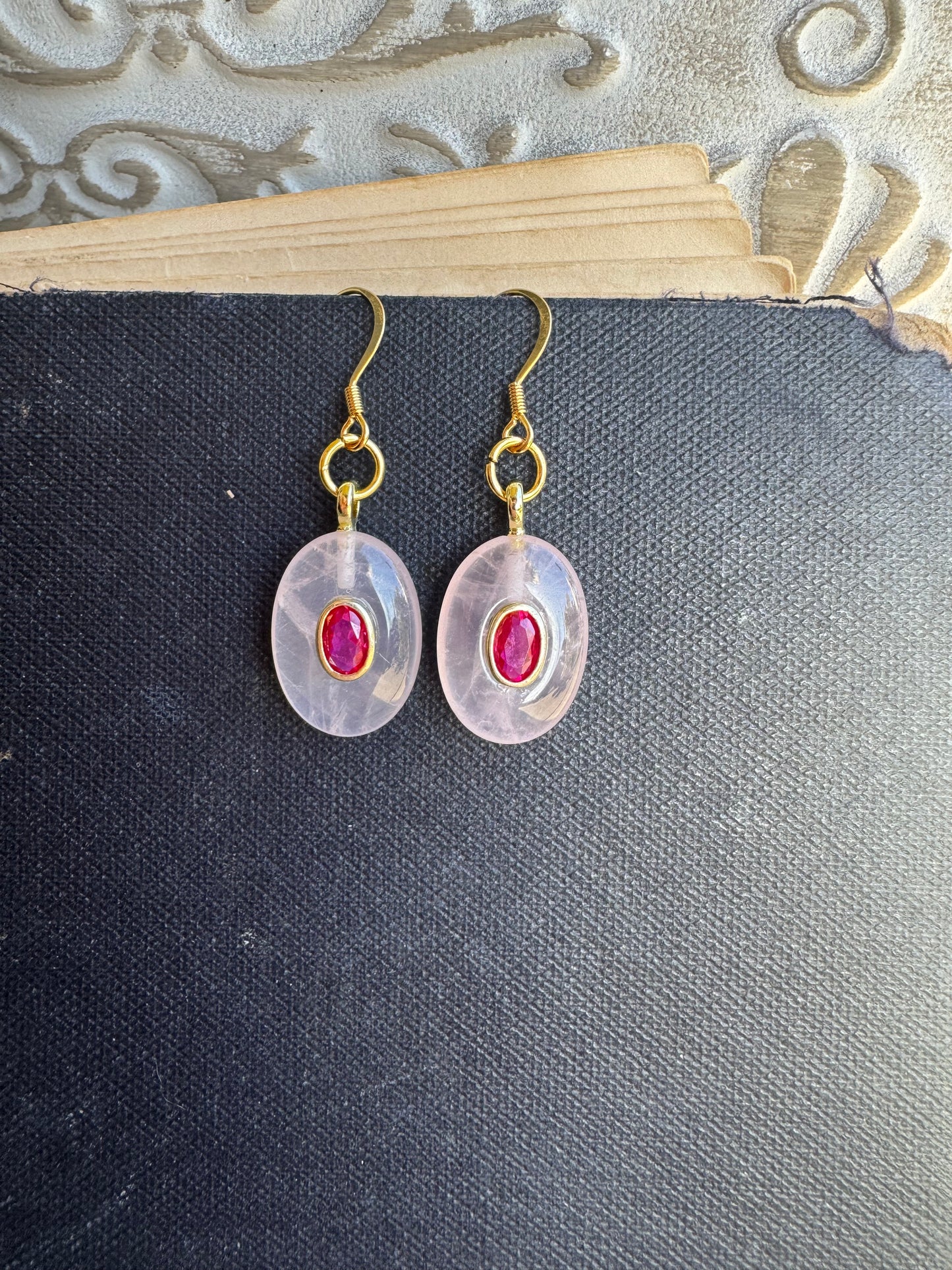 rose quartz, rhinestone pink, gold metal, earrings